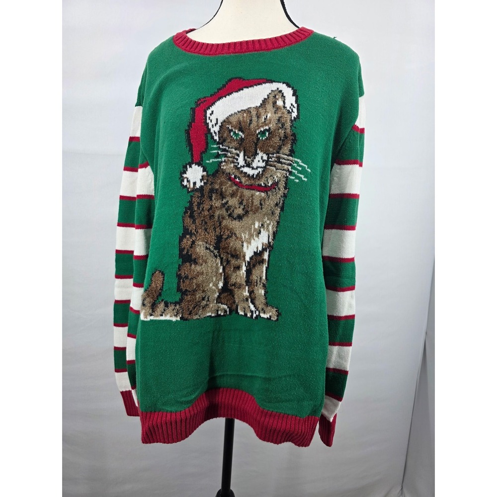 Ugly Christmas Sweater Cat Santa Hat Green Striped Sleeves XXL Holiday Party